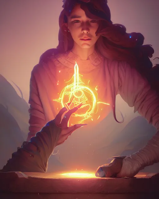 Image similar to highly detailed vfx portrait a mage casting a spell, stephen bliss, unreal engine, sigils greg rutkowski, loish, rhads, beeple, makoto shinkai and lois van baarle, ilya kuvshinov, rossdraws, tom bagshaw, alphonse mucha, global illumination, detailed and intricate environment