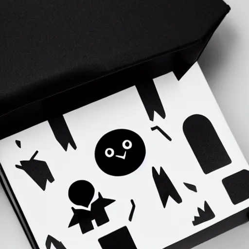 Image similar to zef box design modern black and white color scheme, minimalist, nature, cute characters