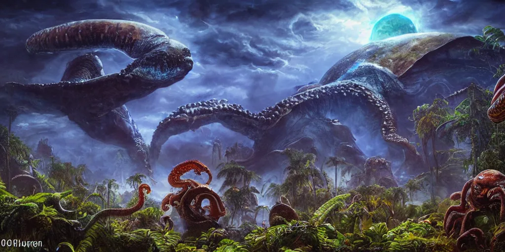 Image similar to fantasy oil painting, alien spacecraft, outer worlds, great leviathan, turtle cephalopod terrapin reptilian pachyderm amphibian hybrid, rainforest mountains, lush plants flowers, epic natural light, bright clouds, luminous sky, bright cinematic key lighting, michael cheval, michael whelan, vray, 8 k hd