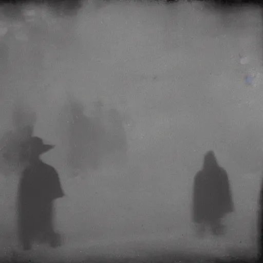 Image similar to dark abstract noisy blurry black and white disturbing old photograph full of mysterious black silhouettes, tim burton