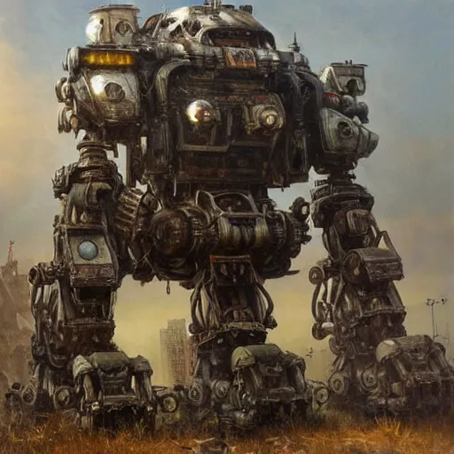 Image similar to oil painting of a huge rusting mech, that resembles a mechanical gorilla, highly detailed, complex, intricate by james gurney