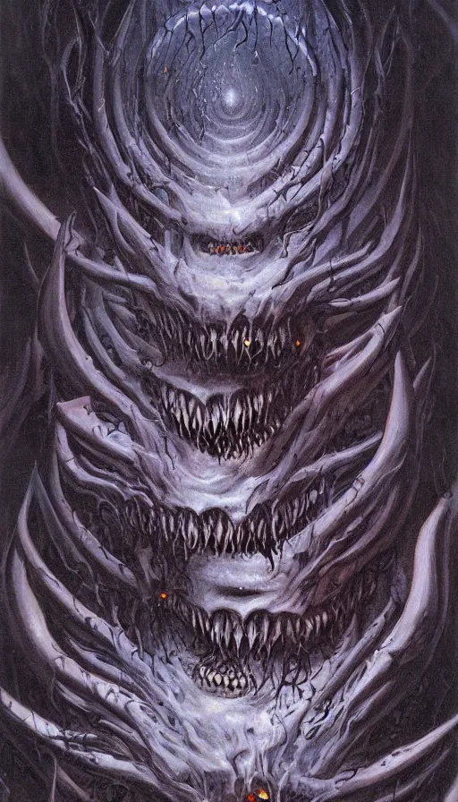 Image similar to a storm vortex made of many demonic eyes and teeth, by gerald brom,