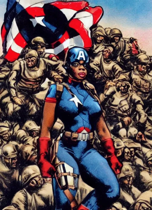 Prompt: beautiful black female captain america standing on a pile of defeated german soldiers. feminist captain america wins wwii. afro. american wwii propaganda poster by james gurney