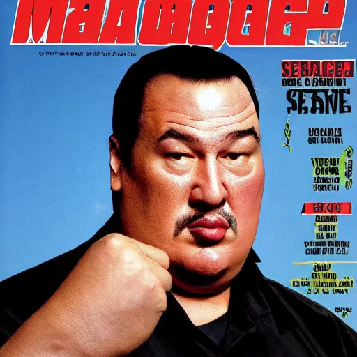 Image similar to mad magazine cover photo portrait caricature obese steven seagal, large head, very small body