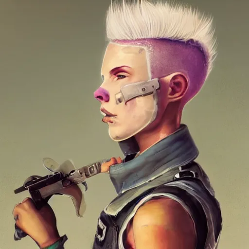 Prompt: a grungy woman with short white hair, shaved hair, soft eyes and narrow chin, dainty figure, torn overalls, short shorts, combat boots, rainbow mask, basic white background, side boob, symmetrical, single person, style of by jordan grimmer and greg rutkowski, crisp lines and color,