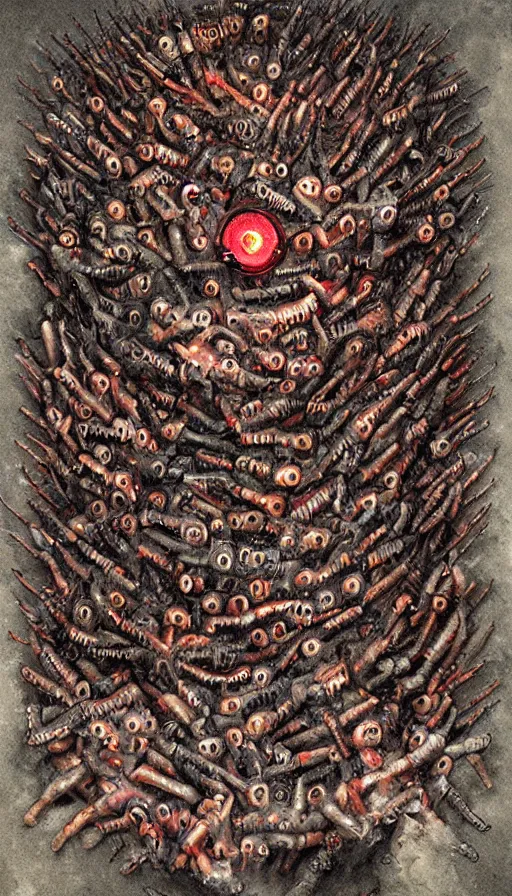 Image similar to a storm vortex made of many demonic eyes and teeth, by dan witz