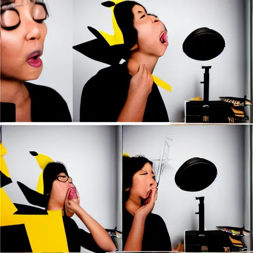 Prompt: sneezing model cute detective sneezing sick pikachu sneezing at a model photoshoot studio lighting by annie leibovitz