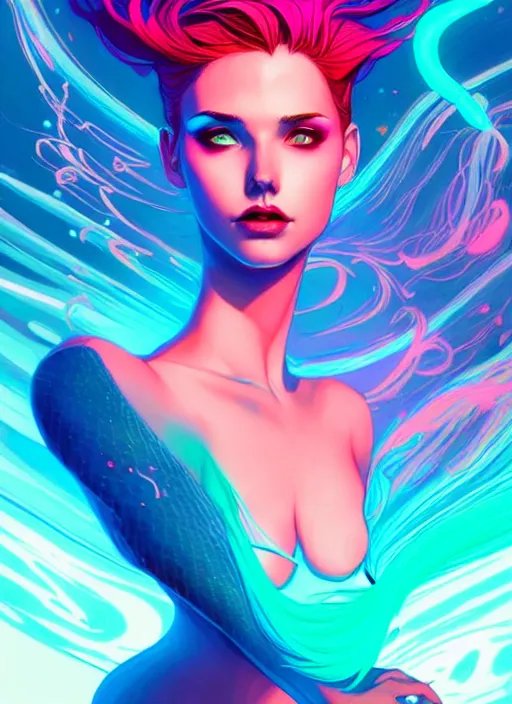 Image similar to style artgerm, joshua middleton, illustration, mermaid wearing neon clothing, blue hair, swirling water cosmos, fantasy, dnd, cinematic lighting