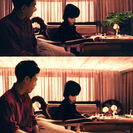 Image similar to wong kar wai love movie scene. wide angle 9 mm lens