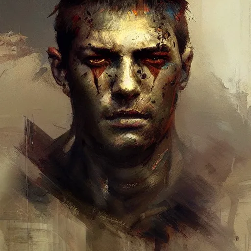 Prompt: Portrait painting of a warrior by greg rutkowski and Craig Mullins, Dark atmospheric and cinematic lighting