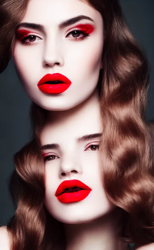 Image similar to fashion photoshoot of du juan, portrait, cover, skincare, real life skin, >red lips<, light makeup, beautiful hair, hairstyle, elegant