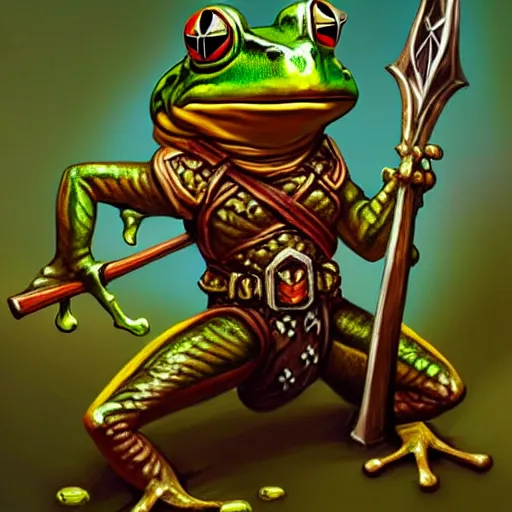 Image similar to oil painting of a frog warrior, in the style of oldschool dungeons & dragons and magic the gathering, promotional character art, highly detailed