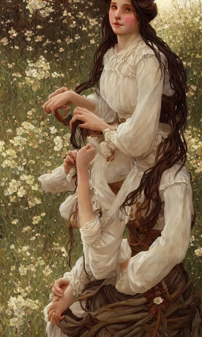Prompt: beautiful cottagecore young peasant maiden, innocent, intricate, elegant, highly detailed, digital painting, artstation, concept art, smooth, sharp focus, illustration, art by artgerm and greg rutkowski and alphonse mucha