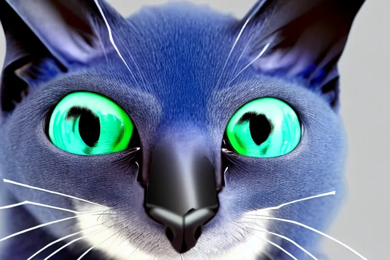 Image similar to a blue - and - black male catbat fursona with blue / green heterochromatic eyes ( differently - colored eyes, one green, one blue ) and huge bat ears, photo of the catbat streaming on his computer