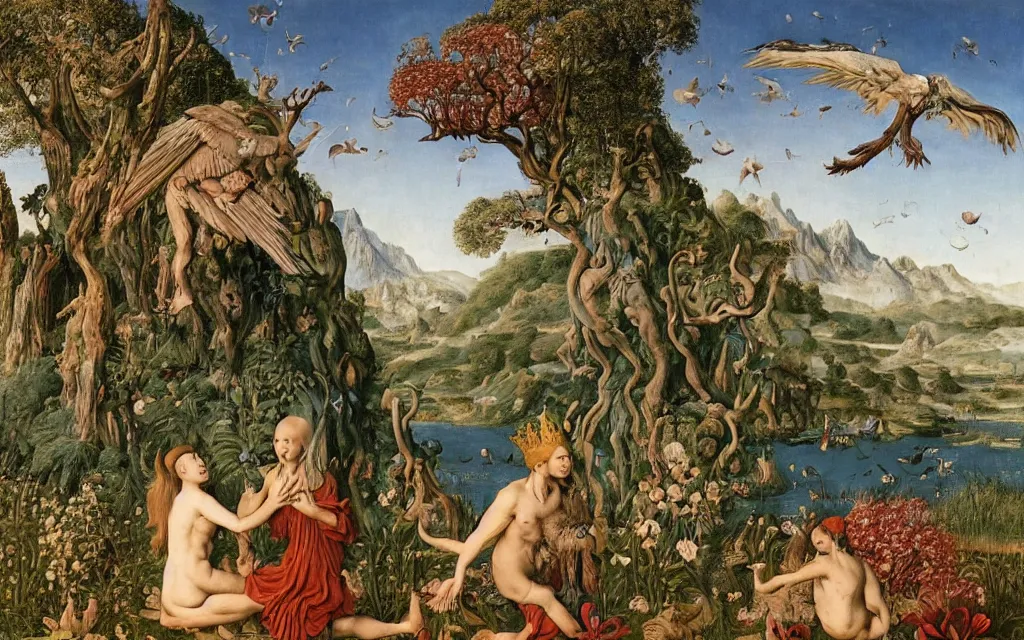 Image similar to a portrait photograph of a meditating harpy and a centaur king riding eagles and hugging animals at a river delta. surrounded by bulbous flowers, animals and trees. mountains range under a blue sky of burning stars. painted by jan van eyck, max ernst, ernst haeckel and ernst fuchs, cgsociety, artstation, fashion editorial, 8 k