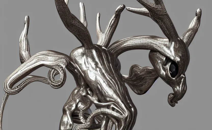 Image similar to stylized shiny polished silver statue full body extra limbs bizarre cosmic horror quadruped animal deer skull four legs made of marble of slug creature tendrils, perfect symmetrical body, perfect symmetrical face, hyper realistic, hyper detailed, by johannen voss, by michelangelo, octane render, blender, 8 k, displayed in pure white studio room