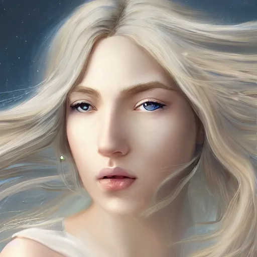 Image similar to A portrait of an attractive young female wind angel, beautiful long wild blond hair, clouds in the back, intricate, highly detailed, elegant, digital painting, trending on artstation