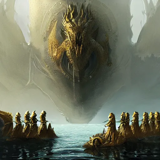 Prompt: 7 knights in golden armor watching a dead dragon body crushed in a lake, fantasy, highly detailed, digital painting, artstation, concept art, illustration, art by Greg Rutkowski and Marc Simonetti