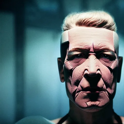 Image similar to movie still of a villain cyborg, facial expression, cinematic composition, cinematic light, surreal cinema, pastel color scheme, by david lynch,