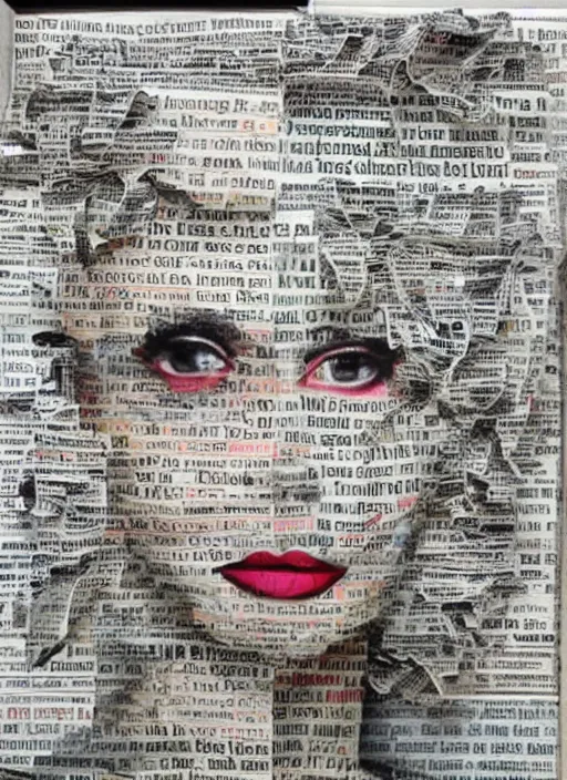 Prompt: a beautiful young woman made of newspaper