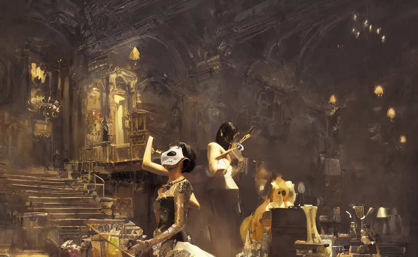 Image similar to craig mullins and ghibli digital art of on the stage of the theater, a masked female violinist performs solo, dressed in exotic costumes, gold jewelry, and black hair realistic shading, cinematic composition, realistic render, octane render, detailed textures, photorealistic, wide shot