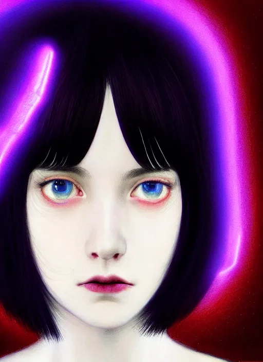 Image similar to portrait of teenage girl with white bangs, red irises, black hair, purple clothes, white bangs, bangs are different color from hair, intricate, front of hair is white rest is black, elegant, glowing lights, highly detailed, digital painting, artstation, concept art, smooth, sharp focus, illustration, art by wlop, mars ravelo and greg rutkowski