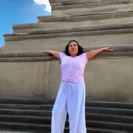 Prompt: a beautiful cute 35 year old latina stands on top of a mystic temple