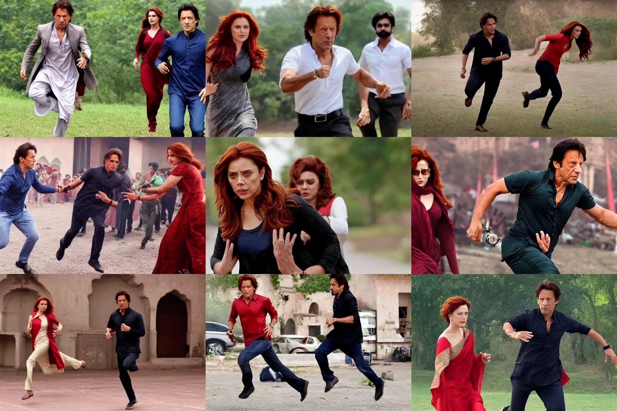 Prompt: A cinematic shot of Imran Khan running towards Natasha Romanoff in the style of Bollywood movies