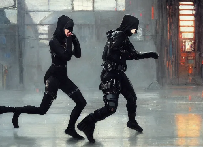 Image similar to Maria evades sgt Nash. Cyberpunk hacker in jumpsuit escaping menacing police troopers (blade runner 2049). beautiful face. kickboxing. Iranian orientalist portrait by john william waterhouse and Edwin Longsden Long and Theodore Ralli and Nasreddine Dinet, oil on canvas. Cinematic, hyper realism, realistic proportions, dramatic lighting, high detail 4k