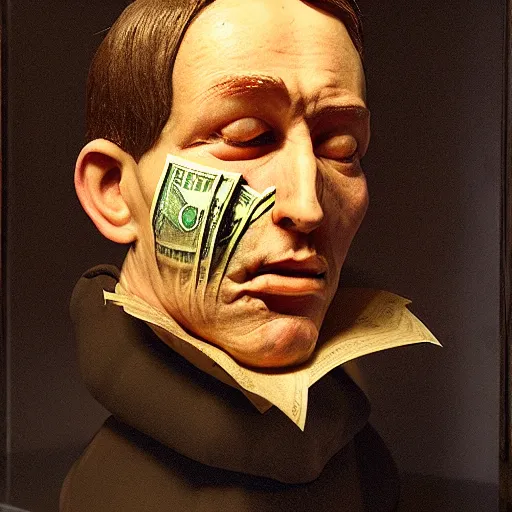 Image similar to portrait of a broken man eating money, wax figure