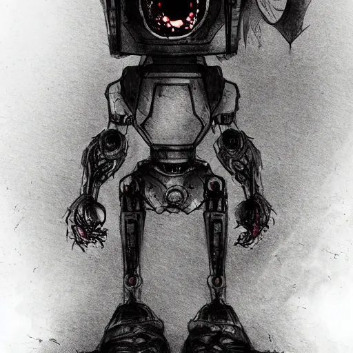 Prompt: The sketch is of a rose with a robot monster looming in the background. The style is dark and scary, meant to make the viewer feel uneasy., trending on artstation