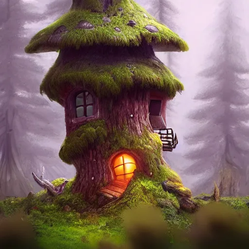 Prompt: a small mushroom house in the forest with a chimney and windows, green forest, overgrowth, beautiful, striking, artstation, concept art, matte painting