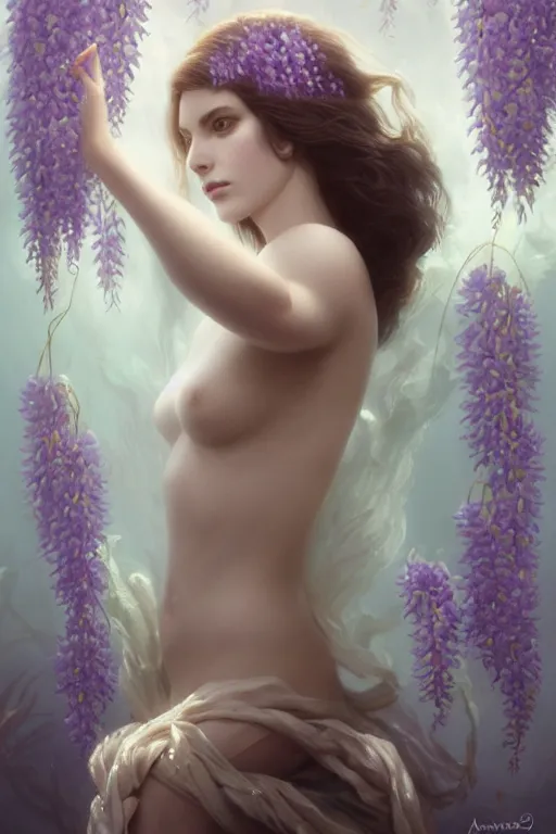 Prompt: a goddess of wisteria!! standing in a windy murky underwater garden! with a beautiful symmetrical face!!! smooth, sharp focus, cinematic lightning, murky dusty deep, smoky eyes, isolated, studio lighting by artgerm yuri shwedoff and tom bagshaw