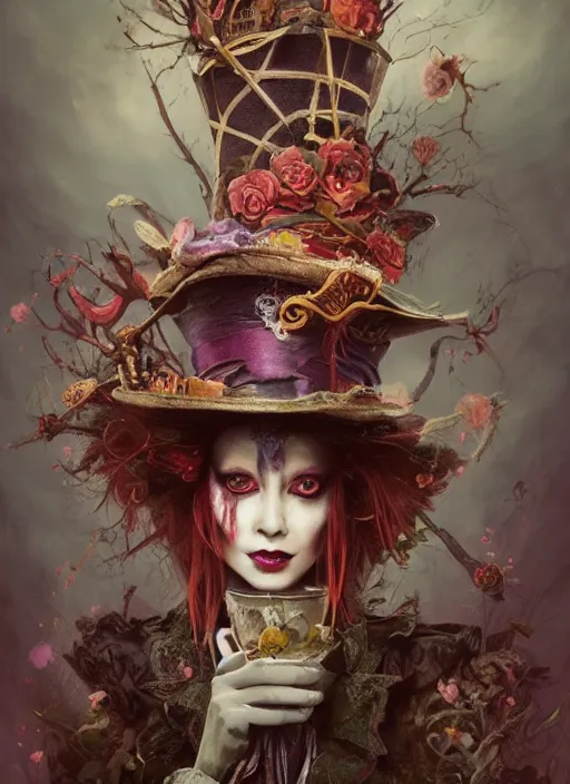 Image similar to Mad Hatter and Queen of Hearts,highly detailed,cinematic,8k,by Stanley Artgermm,Tom Bagshaw,Greg Rutkowski,Carne Griffiths, Ayami Kojima, Beksinski, Giger,Anne Stokes, Benjamin Lacombe,trending on DeviantArt,hyper detailed,horror, full of colour