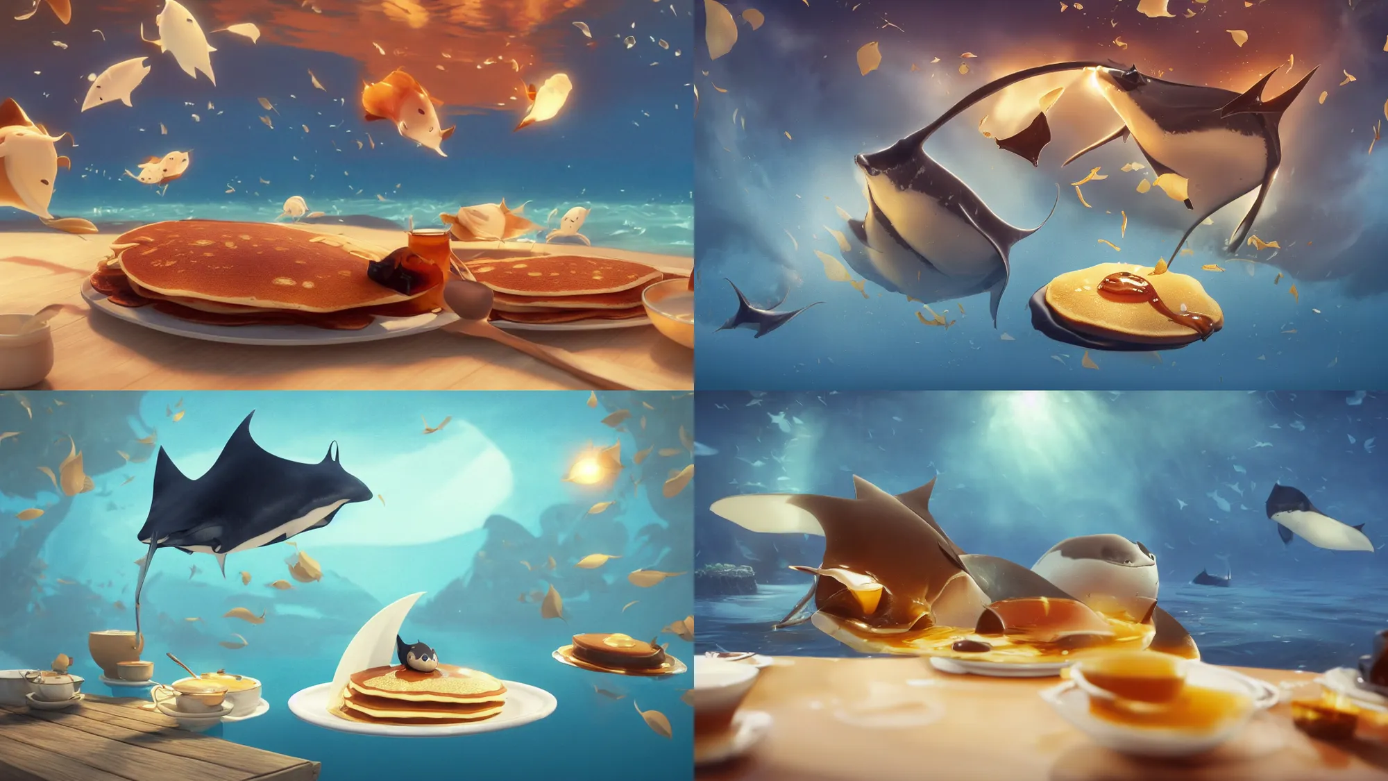 Prompt: pancake manta ray swimming in maple syrup, cute, fantasy food world, living food, adorable pancake 4 k, detailed award - winning beautiful lighting composition 3 d octane render, by greg rutkowski, studio ghibli, blur, motion blur bokeh