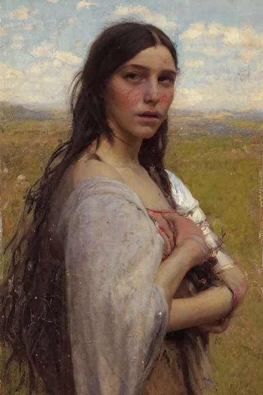 Image similar to Richard Schmid and Jeremy Lipking and Antonio Rotta full length portrait painting of a young beautiful traditonal bible character Mary Magdalene woman