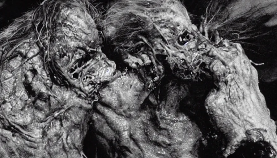 Image similar to a disgusting vile monster eating a man from The Thing, by Cronenberg and greg nicotero