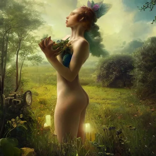 Image similar to a solarpunk very very very beautiful lush landscape of a beautiful nymph in a field are of broken stone words with cyborg workers picking up the broken stone and trying to put them back together, hyperrealistic, award - winning, masterpiece, in the style of tom bagshaw, cedric peyravernay, peter mohrbacher