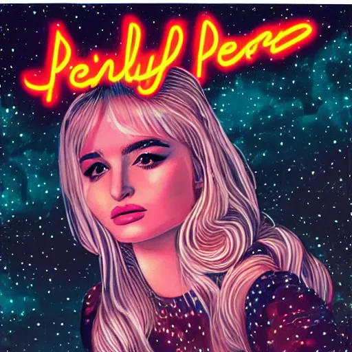 Image similar to a highly detailed and accurate pulp portrait of kim petras in space, 1 9 7 0 s, space station, neon light, delicate embellishments, woman art, painterly, offset printing technique