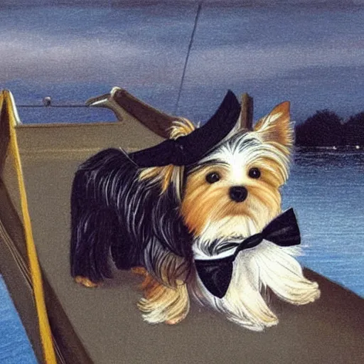 Image similar to a Yorkshire terrier on a boat wearing a black bow tie, extremely detailed masterpiece, illustration, by Michael Sowa,