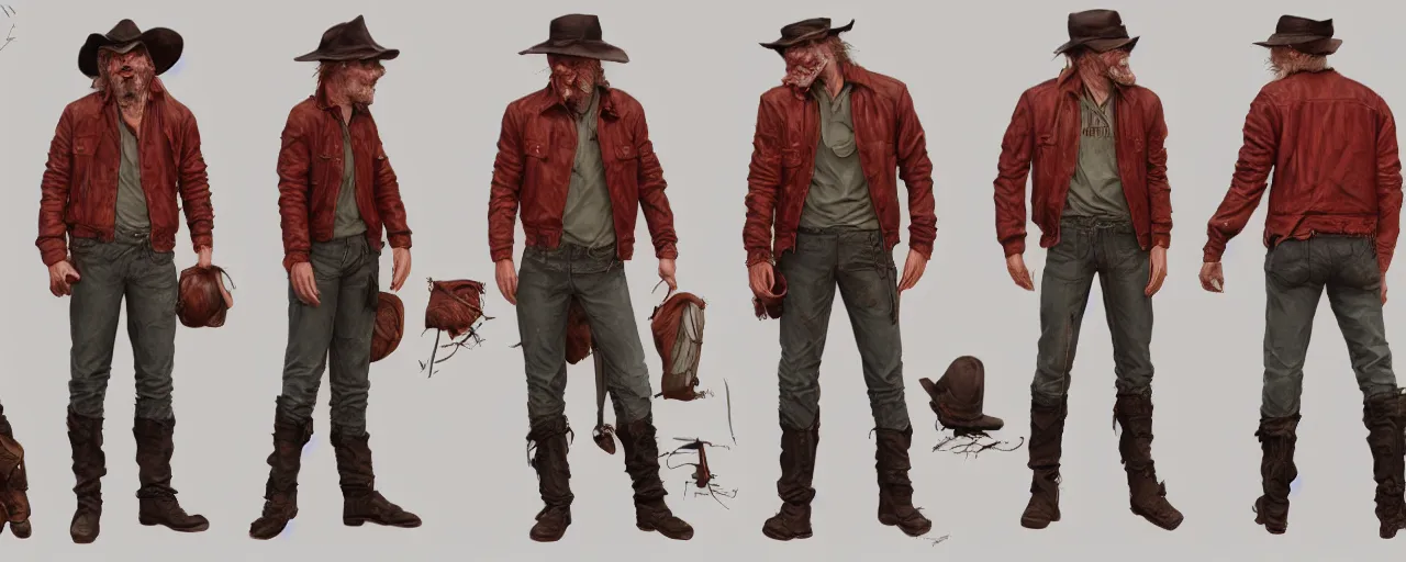 Prompt: character design, reference sheet, gaunt, 40's adventurer, unshaven, optimistic, stained dirty clothing, straw hat, riding boots, red t-shirt, dusty rown bomber leather jacket, concept art, photorealistic, hyperdetailed, 3d rendering! , art by Leyendecker! and frazetta,