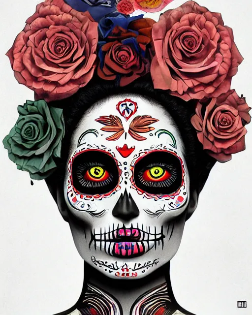 Prompt: dia de los muertos theme poster art by artemio rodriguez, aida muluneh, and gustave bauman, intricate, accurate facial details, profile picture, artgerm, retro, nostalgic, old fashioned, posterized color