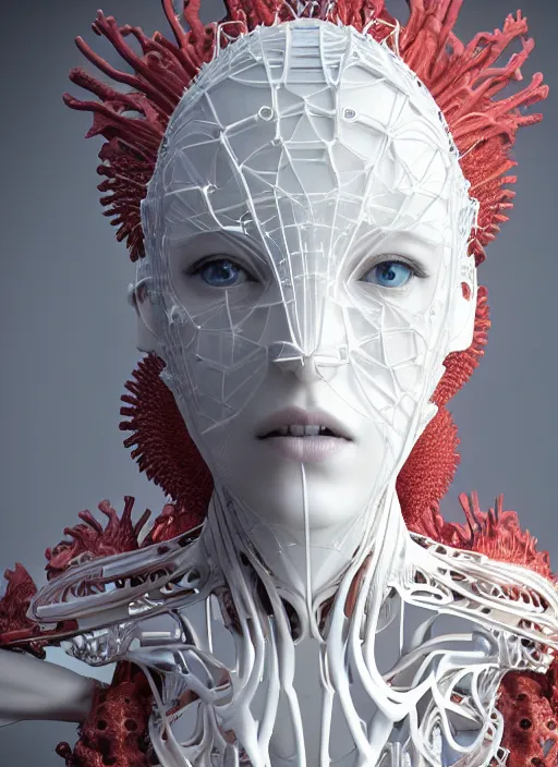 Prompt: complex 3 d render hyper detailed ultra sharp beautiful futuristic close - up stunning biomechanical humanoid woman with carved porcelain ivory fair face, iris van herpen daisies corals filigree lace haute couture headdress with rhizomorph finials spires, white mecha, cyberpunk steel brackets, fractal red puffballs, octane render, dof, 8 k