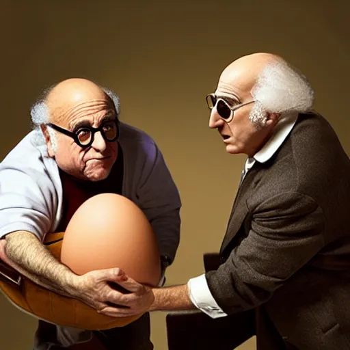 Image similar to danny devito and larry david fighting over a chair shaped like an egg, renaissance still life painting, masterpiece, realistic light and shadow