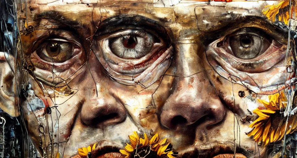 Prompt: an extreme close up portrait a very ordinary middle-aged man with a sad expression, front angle, by Anselm Kiefer and Lucian Freud and Jenny Saville, oil painting, rust, Scaffolding, rusted metal and sunflowers, iron cladding, decay, mixed media, textured, anatomically correct, beautiful perfect face, visible brushstrokes, sharp focus, Highly Detailed, Cinematic Lighting, 8k, HD