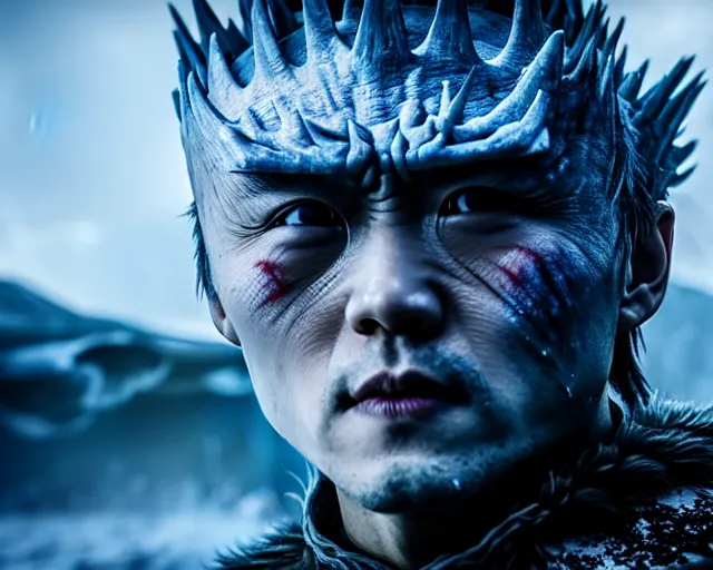 Prompt: justin sun as night king in game of thrones inside large clear ice teardrop, crimson - black bee army behind, 4 k, epic, cinematic, focus, movie still, fantasy, extreme detail, atmospheric, dark colour, sharp focus