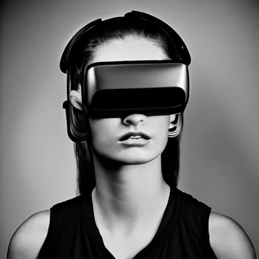 Prompt: portrait of a cyberpunk girl wearing vr headset, black & white photo by annie leibovitz