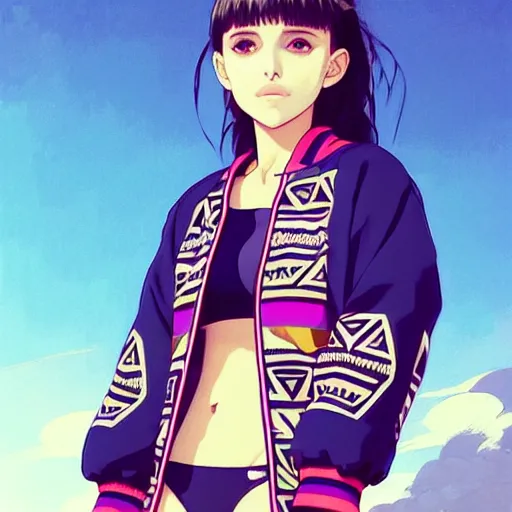 Prompt: a beautiful! boyish! natalie portman alluring gravure! model, wearing oversized aztec bomber jacket and leotard, poofy bomber jacket with mayan patterns, gapmoe yandere grimdark, trending on pixiv fanbox, painted by greg rutkowski makoto shinkai takashi takeuchi studio ghibli, akihiko yoshida