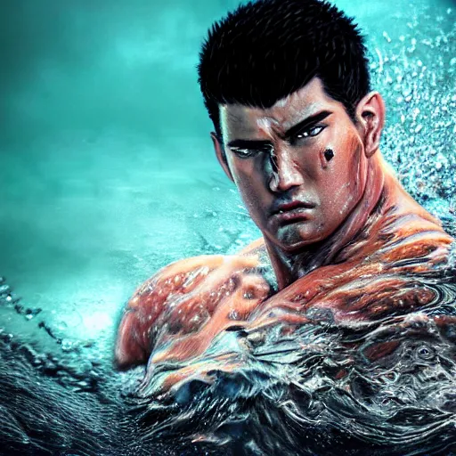 Image similar to photoshop photo edited by expert painting photorealistic shockingly amazing portrait of guts from berserk submerged in water ,extremely detailed, made by wlop and maxwell boas