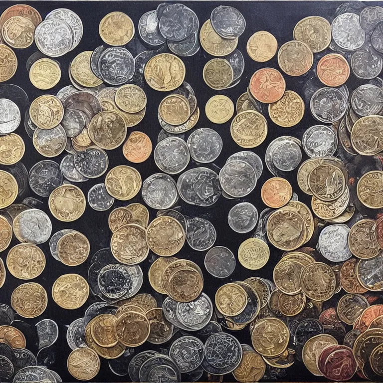 Image similar to modern coin shop and lots of coins. cinematic. intricately detailed acrylic painting